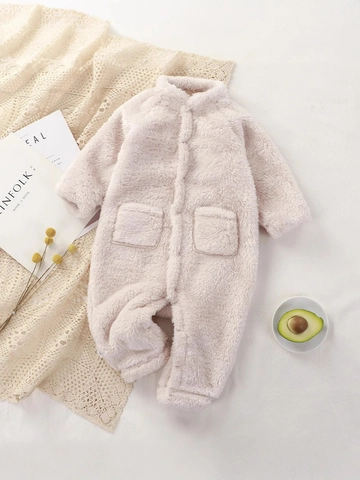 Baby Fleece Long Sleeve Romper Winter Warm Flannel Jumpsuit For Newborn Infant Solid Color Home Outdoor Wear Bodysuit