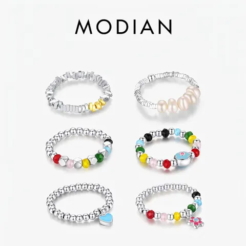 925 Sterling Silver Beaded Adjustable Ring With Colorful Beads And Artificial Pearl Heart Flower Pendant For Women