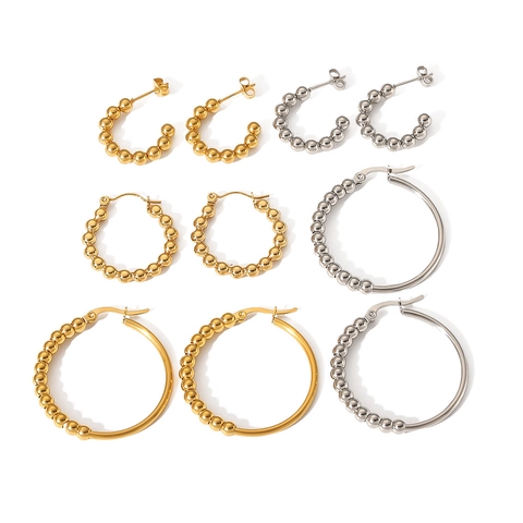 Women Titanium Steel Hoop Earrings 18K Gold Plated Beaded C Shape Geometric Stainless Steel Hypoallergenic Ins Style