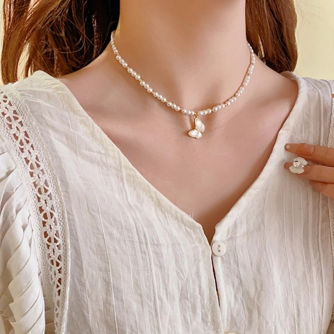Butterfly Artificial Pearl Necklace Copper With Mother Of Artificial Pearl Zircon Gold Plated Elegant Charm Jewelry For Women Party Gift