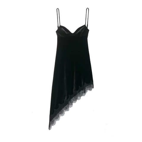 Dames Sexy Rugloos Satijnen Jurk met Kantafwerking Spaghettibandjes V-hals Fluweel Asymmetrische Zoom Midi Slipdress Party Clubwear