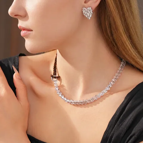 Heart Necklace And Earrings Cubic Zirconia Tiger Eye Stone Mixed Chain Vintage Luxury Women Jewelry With Silver Earring Post