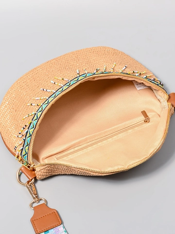 Bohemian Straw Woven Waist Bag Women Summer Beach Vacation Ethnic Chest Bag With Colorful Beaded Tassels Wide Strap