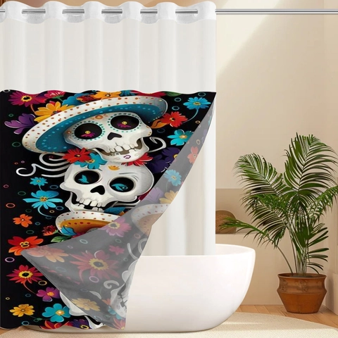 Shower Curtain And Mat Bathroom Waterproof Polyester Halloween Ghost Skull Floral Pattern Rings Weighted Bottom