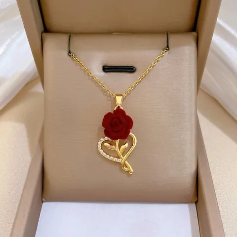 Rote Rose Herz Anhänger Halskette Edelstahl Kupfer Zirkon Mikroeinlage Beflockte Blume Schlüsselbein Kette Schmuck Für Damen