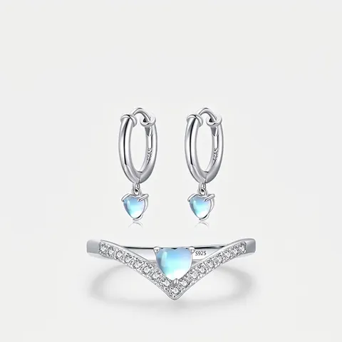 925 Sterling Silver Heart Moonstone V-Shaped Ring And Hoop Earrings Elegant Minimalist Zircon Jewelry For Women