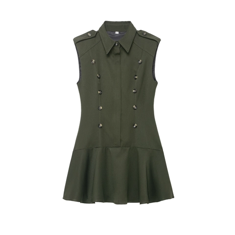 Women Sleeveless Double Breasted Mini Dress Lapel Epaulettes Ruffle Hem Polyester Elegant Military Style Vest Dress
