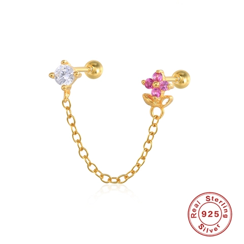 925 Sterling Silver Ear Cartilage Stud Flower Zircon Tassel Chain Piercing Earring For Women Pink Clear Gemstone Chic