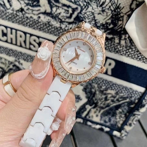 Women's Quartz Watch Elegant White Ceramic Strap Rhinestone Bezel Mother Of Artificial Pearl Dial Waterproof Fashion Luxury Wristwatch