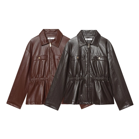 Veste En Similicuir Pour Femme Taille Élastique Froncée Fermeture Éclair Revers Manches Longues Mode Biker Manteau