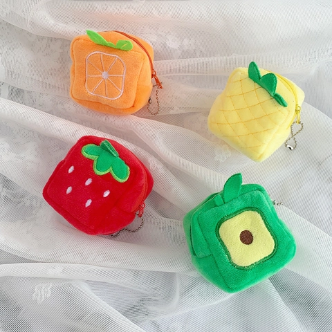 Cute Fruit Plush Coin Purse Mini Square Storage Bag With Ball Chain Zipper For Kids Kindergarten Gifts