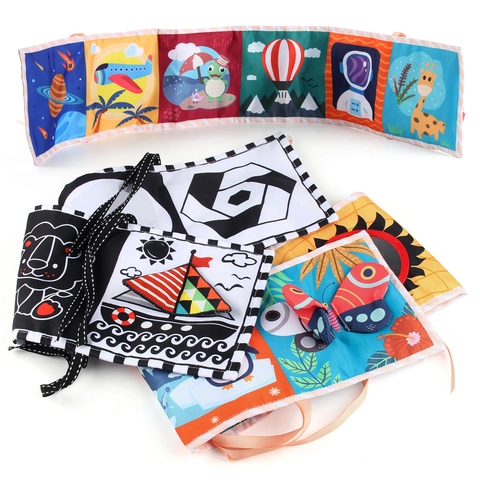 Polyester Baby Cloth Book Crib Bumper Toy With Safety Mirror Crinkle Paper Squeaker High Contrast Patterns Sensory Development