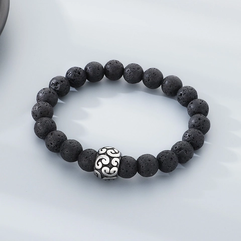 Natural Black Lava Stone Beaded Bracelet With Retro Silver Color Alloy Metal Charm For Men And Women Trendy Simple Jewelry