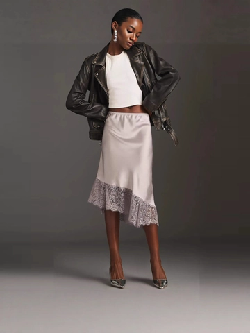 Dames Satijnen Midi-rok Met Kant Patchwork Hoge Taille Asymmetrische Zoom Onregelmatige Polka Dot Chique