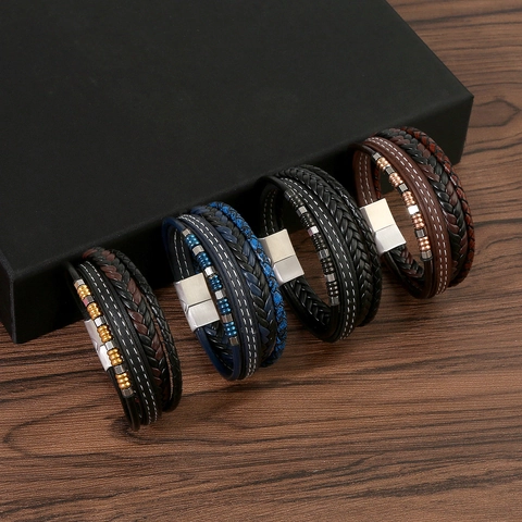 Multi Layer Braided Leather Bracelet For Men With Stainless Steel Beads And Magnetic Buckle Punk Style Fashion Jewelry