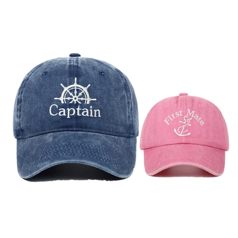 Vintage Washed Cotton Baseball Cap Set Embroidered Captain First Mate Parent-Child Matching Adjustable Sun Hat Family Gift