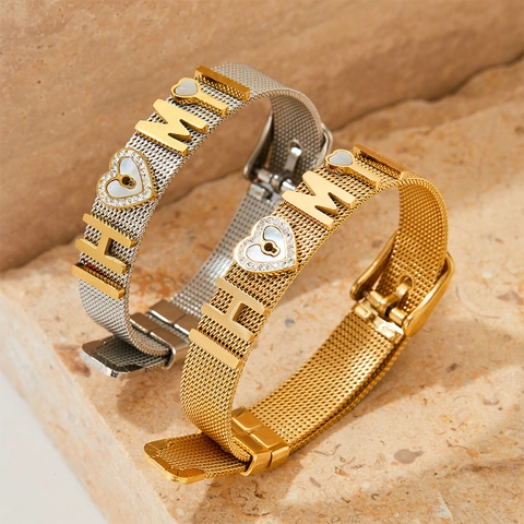 Pulsera De Malla De Acero Inoxidable Estilo Reloj Colgante Corazón Nácar Pedrería Letra Hebilla Ajustable Unisex