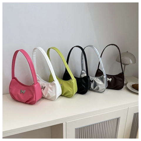 Women Pleated Underarm Shoulder Bag PU Leather With Metal Butterfly Buckle Retro Millennial Style Casual Fashion