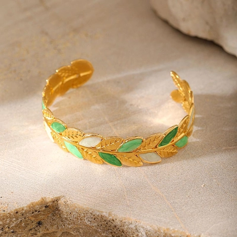 Mode Roestvrij Staal Blad Armring Verguld Emaille Botanisch Patroon Open Manchet Armband Voor Dames Dagelijks Feest Sieraden Cadeau