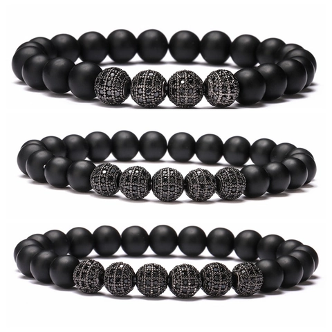 Men Beaded Bracelet Matte Black Agate With Micro Pave CZ Zirconia Disco Ball Elastic Hip Hop Jewelry
