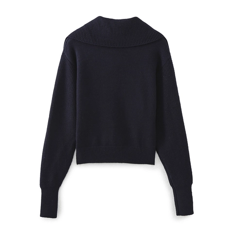 Zipper High Neck Knitted Sweater Women Ribbed Knit Pullover Solid Color Long Sleeve Casual Streetwear Top Navy Blue