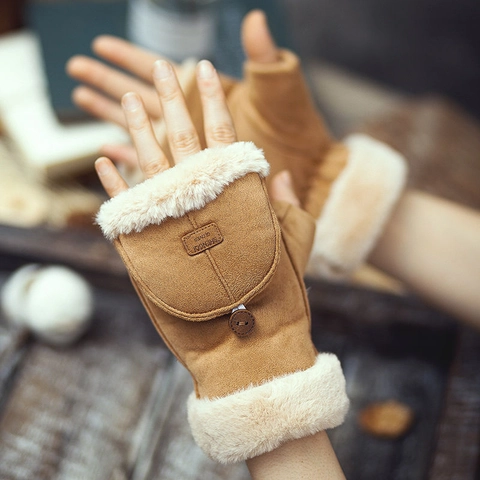 Women Faux Suede Convertible Mittens Winter Warm Flip Top Half Finger Gloves Faux Fur Trim Fleece Lined For Students