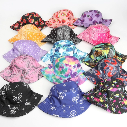 Reversible Bucket Hat Paisley Strawberry Fruit Print Polyester Sun Protection Outdoor Casual Streetwear Unisex