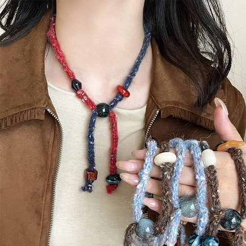 Boho Vintage Gewebte Baumwollseil Halskette Harz Perlen Verstellbare Lange Pulloverkette Für Frauen Ethnisch Handgefertigt