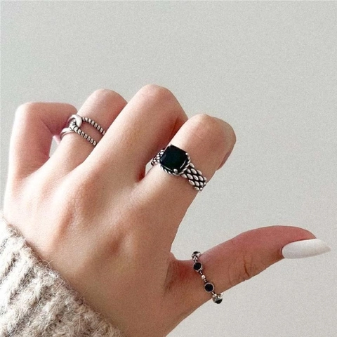 Anello In Argento Sterling 925 Zircone Nero Quadrato Trama Intrecciata Retrò Regolabile Da Donna