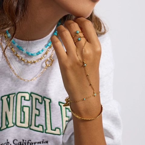 Finger Bracelet And Ring Jewelry Stainless Steel Turquoise Cross Pendant Gold Plated Waterproof Hypoallergenic Women Bohemian