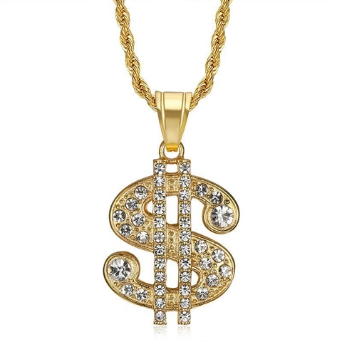 Hip Hop Dollar Sign Pendant Necklace For Men Titanium Steel Iced Out Rhinestone Pave Money Symbol Gold Silver Plated Jewelry
