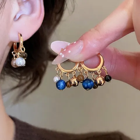 Orecchini A Cerchio Con Künstliche Perle Occhio Di Tigre Vintage Elegante Rame Placcato Oro 18K Con Perno In Argento Sterling 925 Per Donna