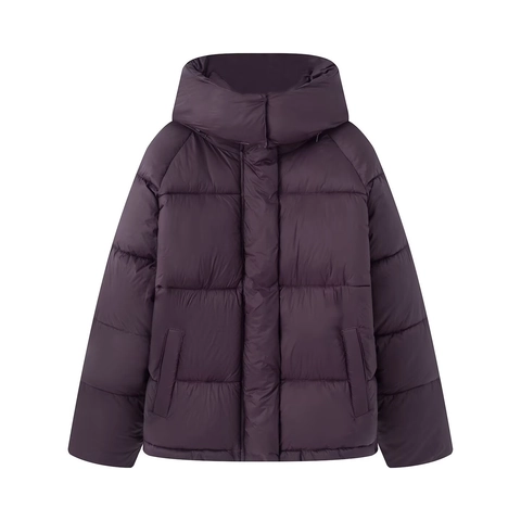 Women Hooded Puffer Jacket Quilted Warm Polyester Padded Coat Casual Vintage Style Solid Color Winter Outerwear
