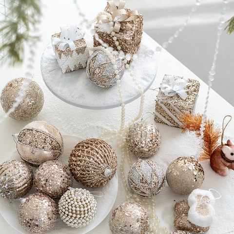 Christmas Ball Ornaments Champagne Gold Sequin Glitter Artificial Pearl Foam Hanging Pendants Holiday Tree Decor Luxury Elegant Style