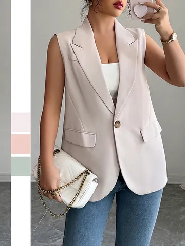 Dames Mouwloze Blazer Vest Pak Taille Revers Enkele Knoop Zakken Elegant Zakelijk Casual Polyester