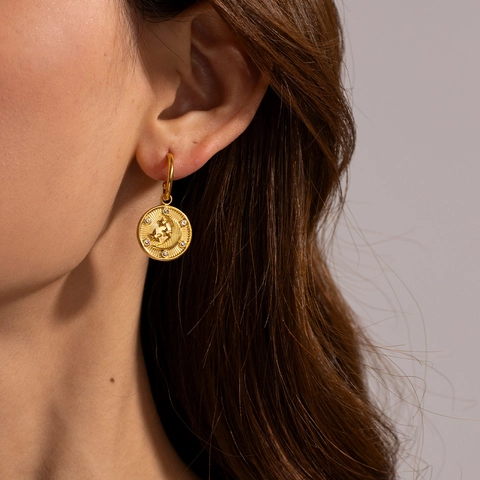 Vintage Creolen Voor Dames 18K Verguld Roestvrij Staal Maan Ster Reliëf Ronde Munt Hanger Sieraden Cadeau