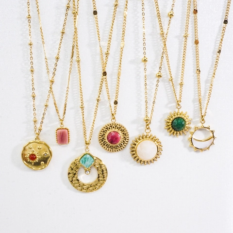 Boheemse Hanger Ketting Vrouwen 14K Verguld 316L Roestvrij Staal Natuursteen Schelp Zon Maan Retro Kralenketting