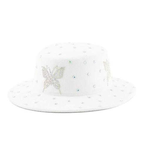 Rhinestone Butterfly Flat Top Boater Hat Polyester Cotton Felt Wide Brim Elegant Fashion For Women Party Outing