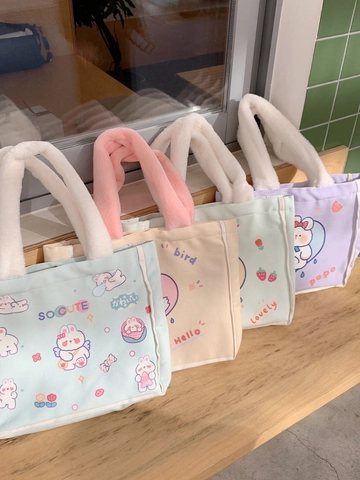 Sac Fourre-Tout En Toile Dessin Animé Avec Poignées En Peluche Douce Grande Capacité Sac À Main Scolaire Style Coréen