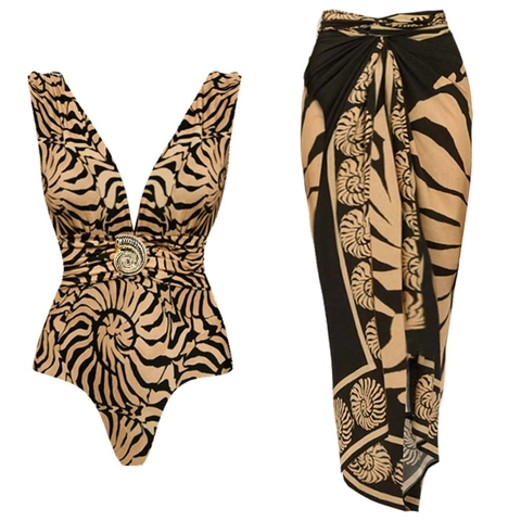 Bañador Y Sarong Para Mujer Con Cuello En V Hebilla Dorada Estampado Abstracto Playa Vacaciones Sexy Lujo Ropa De Playa