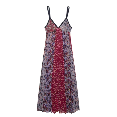 Maxikleid Mit Blumendruck Patchwork V-Ausschnitt Spitzenbesatz Pailletten Perlen Camisole Ärmellos Böhmisches Langes Kleid Damen