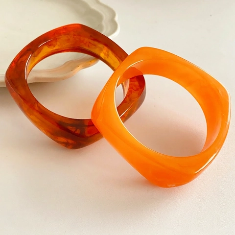 Resin Bangle Bracelet Geometric Square Amber Tortoise Shell Pattern Retro Fashionable Accessory For Women