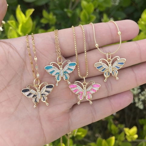 Collier Pendentif Papillon Cuivre Zircone Cubique Émail Inlay Chaîne Inoxydable Bijoux Pour Femmes