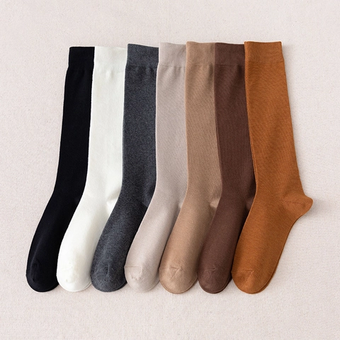 Women Cotton Calf High Socks Rib Knit Solid Color Japanese Preppy Style JK Uniform Breathable Elastic Stockings