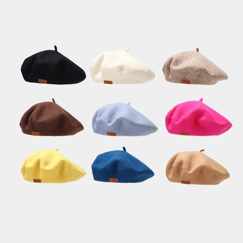 Women Wool Beret Hat French Vintage British Style Solid Color Painter Hat With Leather Label Autumn Winter Warm Caps