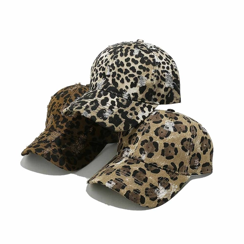 Distressed Leopardenmuster Baseball Kappe Baumwolle Atmungsaktiver Sonnenschutz Hut Verstellbare Retro Streetwear Kopfbedeckung Damen