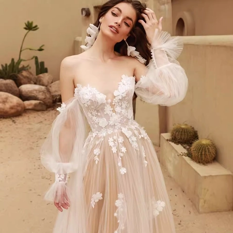 Off Shoulder Trouwjurk Bloemen Kant Applicaties Afneembare Pofmouwen Tule A-Lijn Champagne Nude Vintage Bruidsjurk