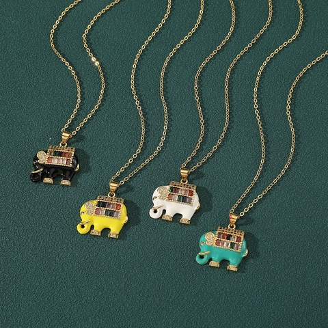 Cute Copper Elephant Pendant Necklace For Women Colorful Zirconia Inlaid Gold Plated Enamel Animal Lucky Elephant Jewelry