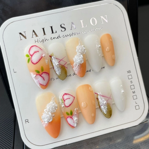 Uñas Postizas Hechas A Mano Con Relieve 3D Rosa Blanca Patrón De Melocotón Y Perlas Artificiales Degradado Naranja Estilo Dulce Para Mujeres