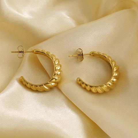 18K Gold Plated Stainless Steel Hoop Earrings Vintage Twisted Spiral Croissant Chunky C Shape Fashion Jewelry For Women
